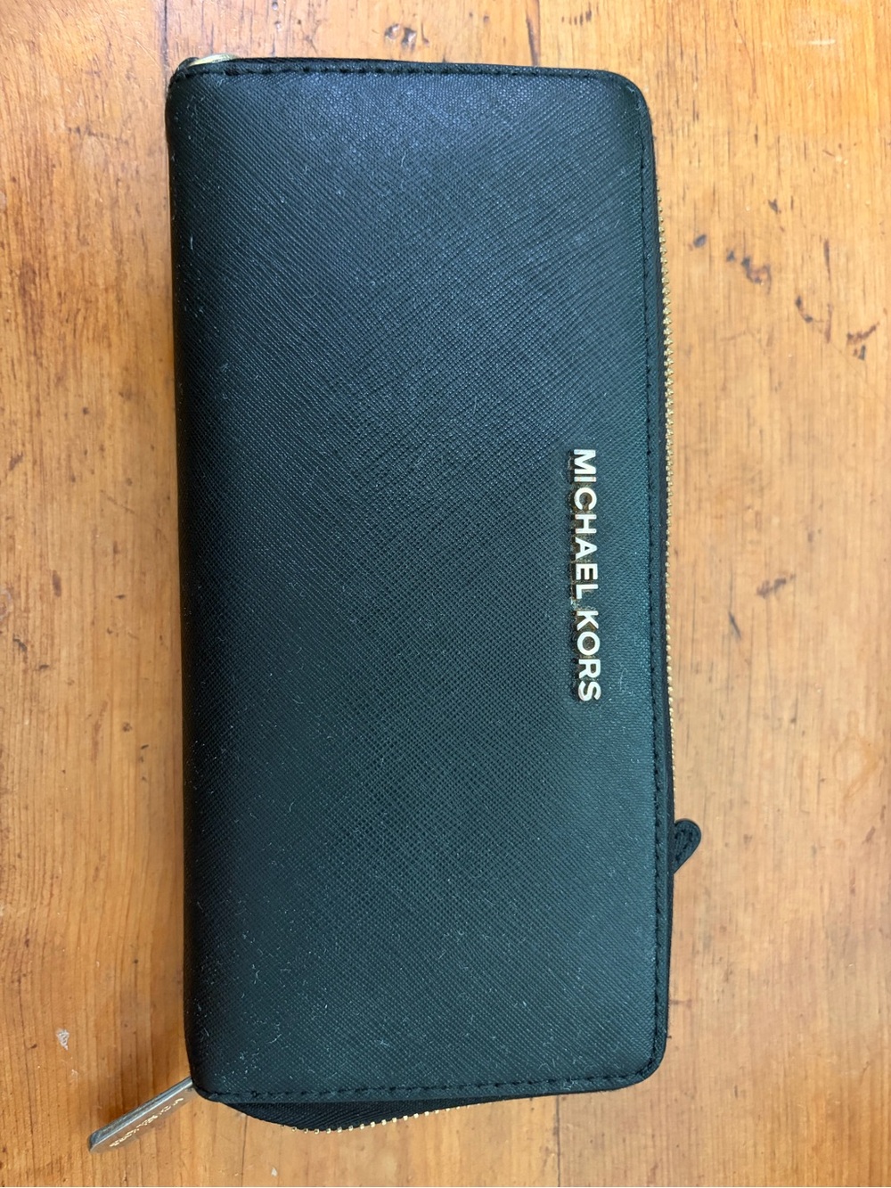 Michael Kors Black Saffiano Zip Wallet with Gold Logo